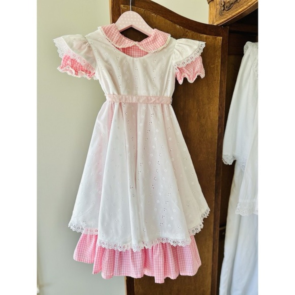 Vintage Handmade Easter Pinafore W/ Bloomers 3 Pc Dress Girls 6-8 Pink Gingham - Picture 7 of 16